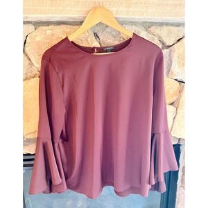 Ann Taylor Factory Burgundy Bell Sleeve Blouse Matte Satin Top Wine Red Large
